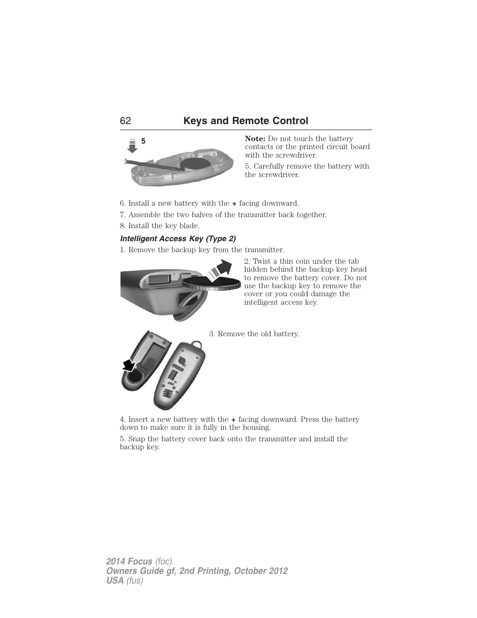Intelligent access key (type 2), 62 keys and remote control | FORD 2014 Focus v.2 User Manual | Page 63 / 488
