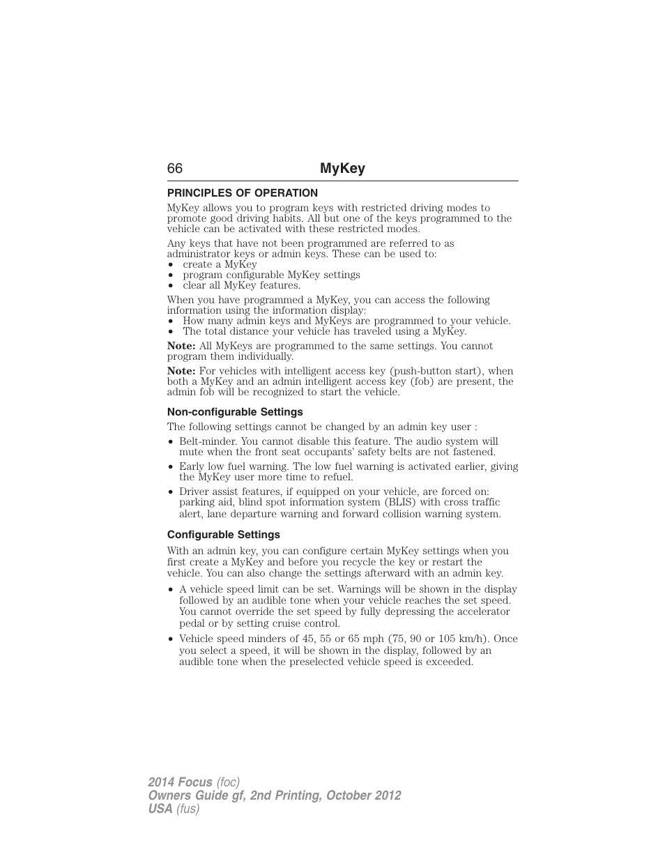 Mykey, Principles of operation, Non-configurable settings | Configurable settings, Settings, mykey, 66 mykey | FORD 2014 Focus v.2 User Manual | Page 67 / 488