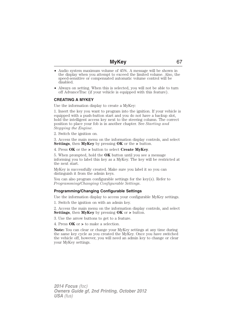 Creating a mykey, Programming/changing configurable settings, Creating | Mykey 67 | FORD 2014 Focus v.2 User Manual | Page 68 / 488