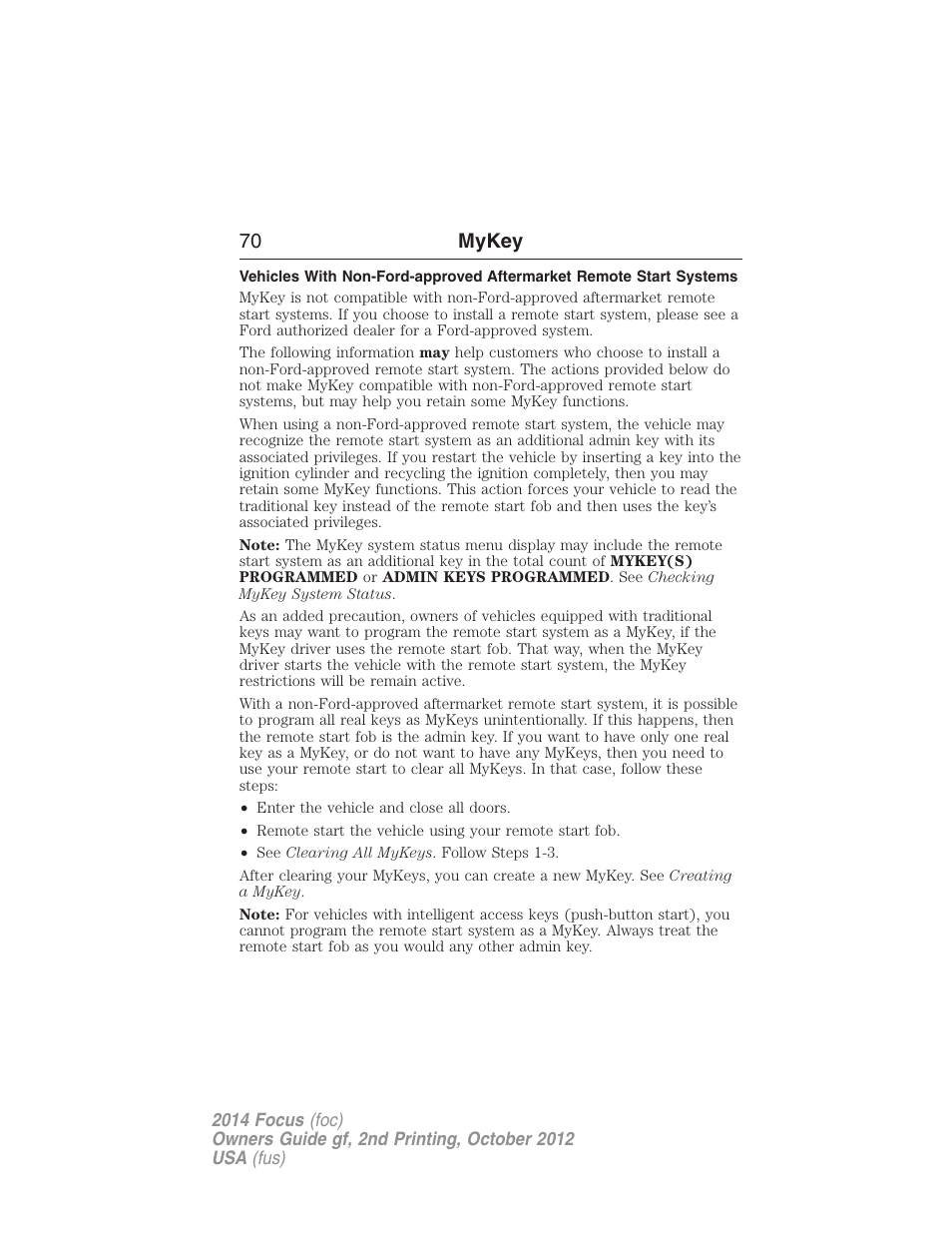 70 mykey | FORD 2014 Focus v.2 User Manual | Page 71 / 488