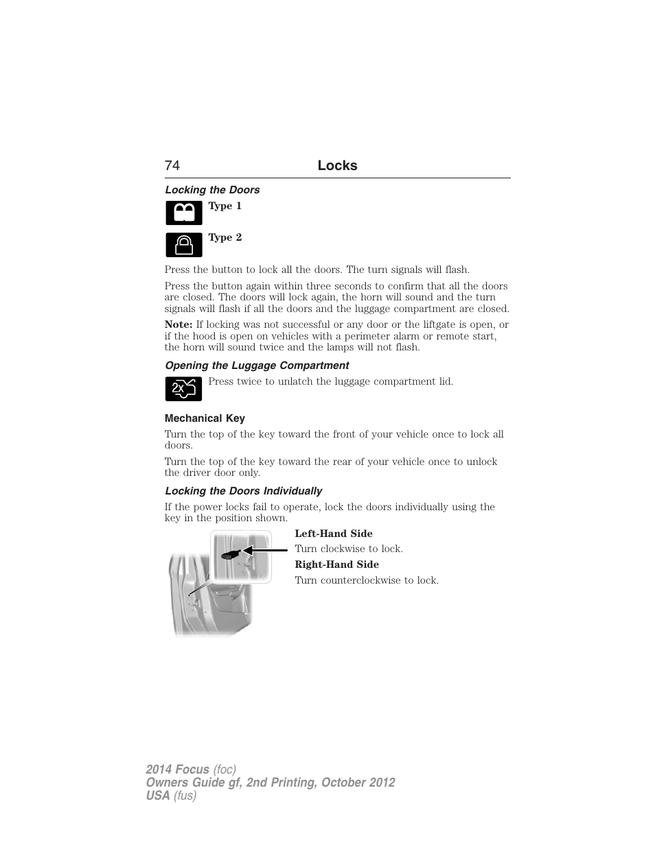 Locking the doors, Opening the luggage compartment, Mechanical key | Locking the doors individually, 74 locks | FORD 2014 Focus v.2 User Manual | Page 75 / 488