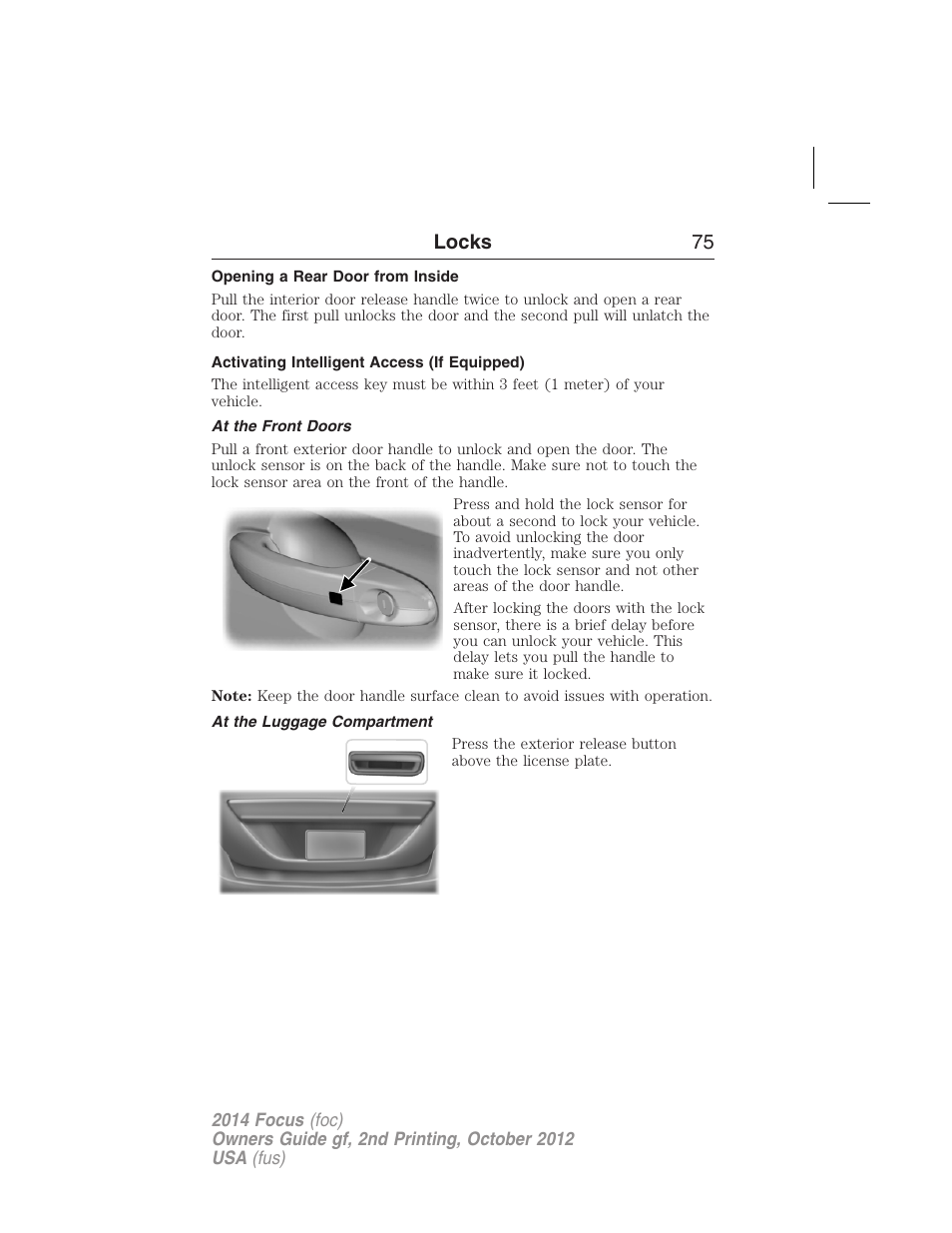 Opening a rear door from inside, Activating intelligent access (if equipped), At the front doors | At the luggage compartment, Locks 75 | FORD 2014 Focus v.2 User Manual | Page 76 / 488