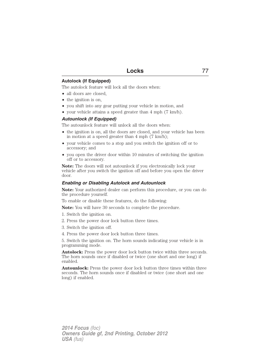 Autolock (if equipped), Autounlock (if equipped), Enabling or disabling autolock and autounlock | Locks 77 | FORD 2014 Focus v.2 User Manual | Page 78 / 488