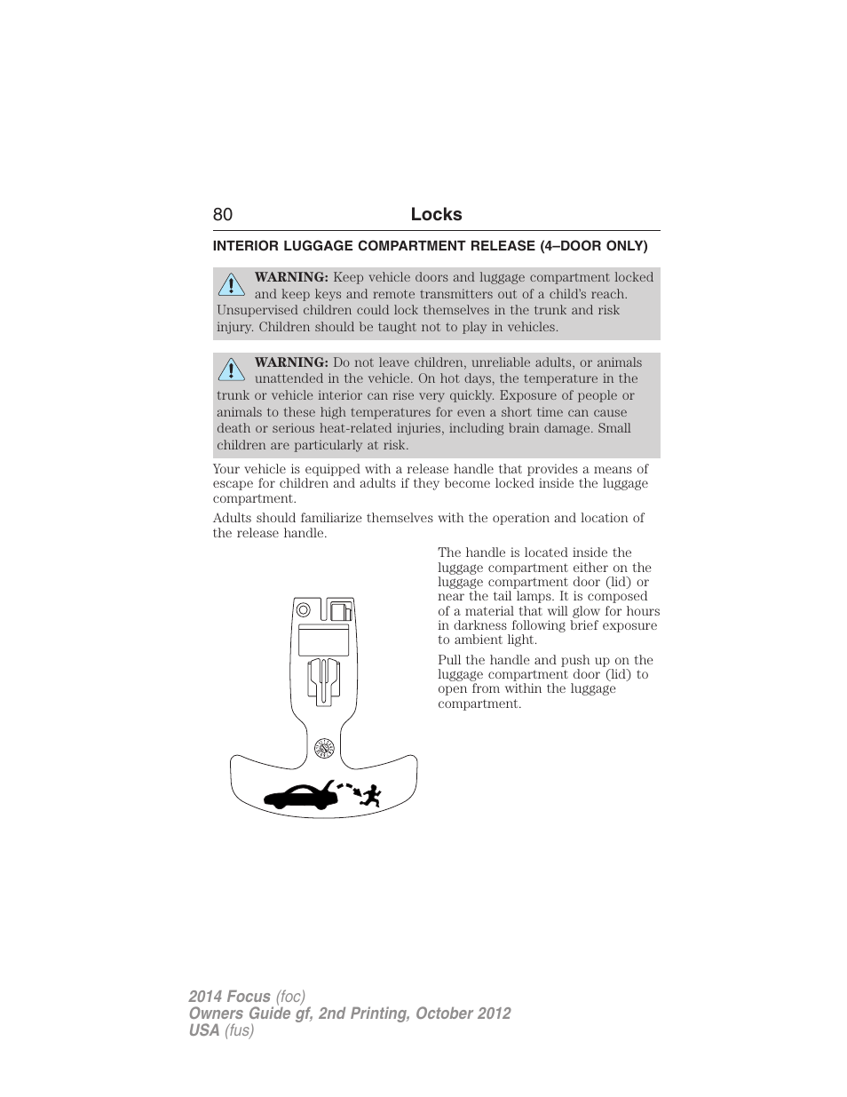 Interior luggage compartment release (4–door only), Interior luggage compartment release, 80 locks | FORD 2014 Focus v.2 User Manual | Page 81 / 488