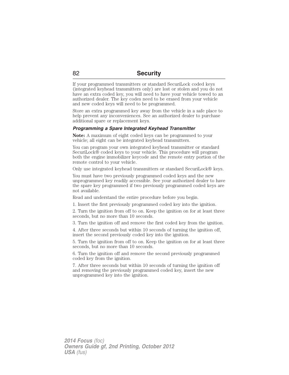 Programming a spare integrated keyhead transmitter, 82 security | FORD 2014 Focus v.2 User Manual | Page 83 / 488