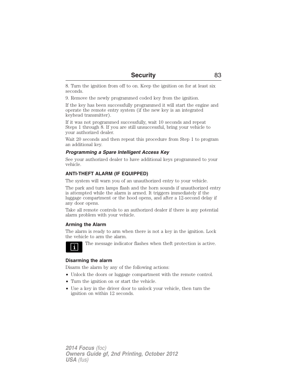 Programming a spare intelligent access key, Anti-theft alarm (if equipped), Arming the alarm | Disarming the alarm, Security 83 | FORD 2014 Focus v.2 User Manual | Page 84 / 488