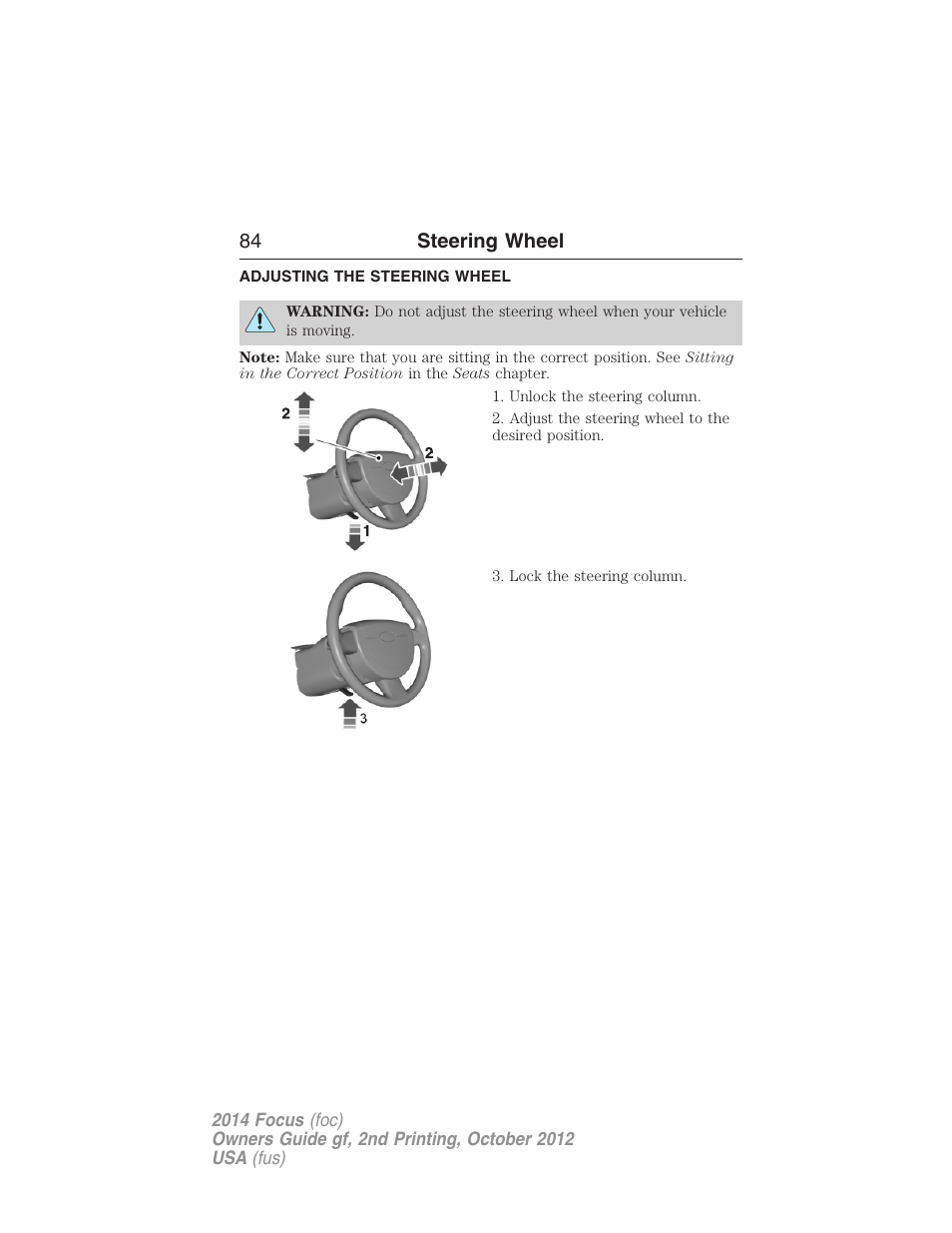 Steering wheel, Adjusting the steering wheel, 84 steering wheel | FORD 2014 Focus v.2 User Manual | Page 85 / 488