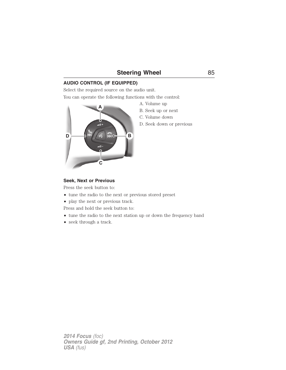 Audio control (if equipped), Seek, next or previous, Steering wheel controls | Steering wheel 85 | FORD 2014 Focus v.2 User Manual | Page 86 / 488