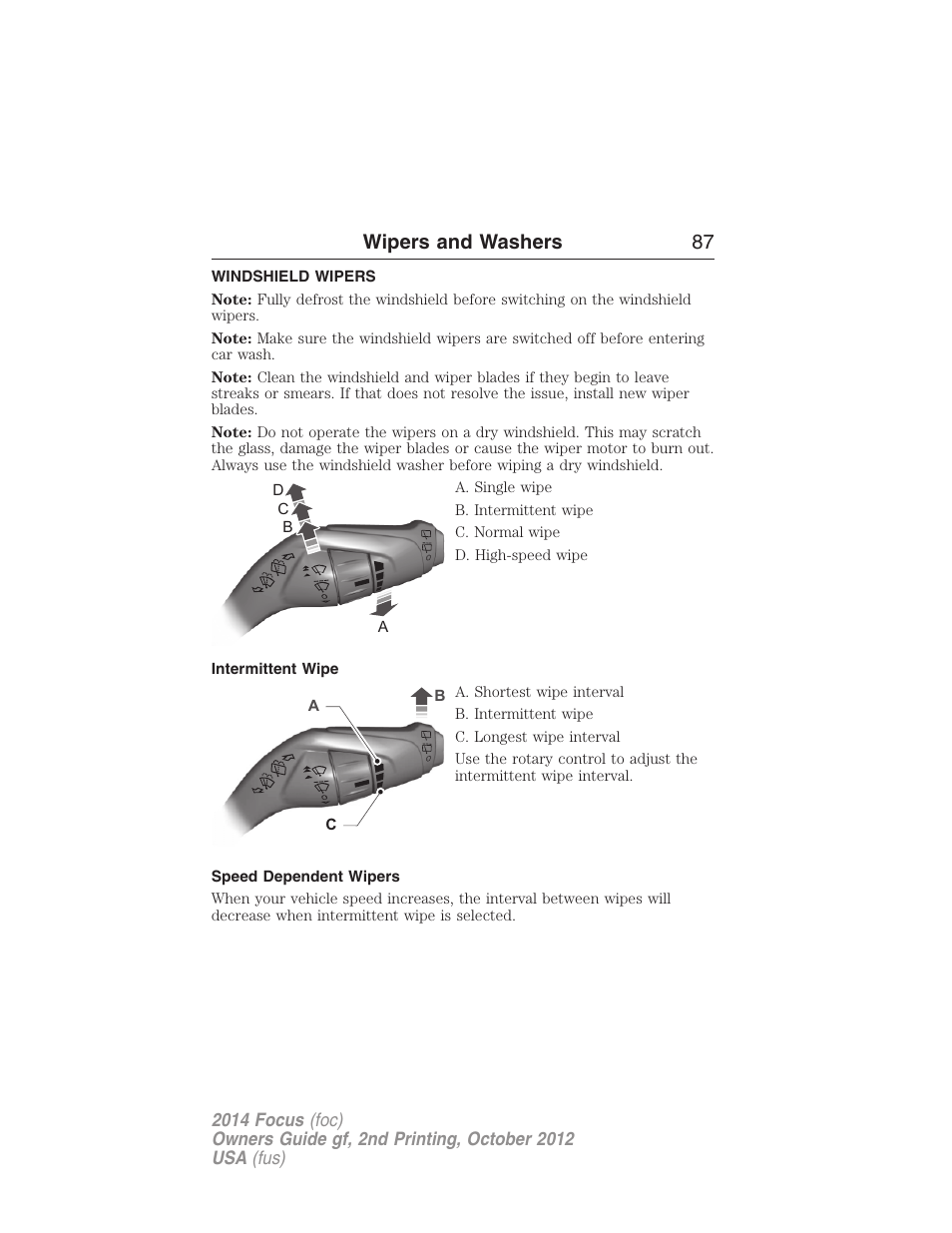 Wipers and washers, Windshield wipers, Intermittent wipe | Speed dependent wipers, Wipers and washers 87 | FORD 2014 Focus v.2 User Manual | Page 88 / 488
