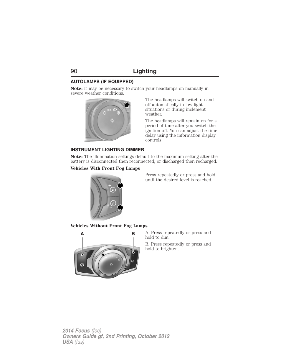 Autolamps (if equipped), Instrument lighting dimmer, Autolamps | 90 lighting | FORD 2014 Focus v.2 User Manual | Page 91 / 488