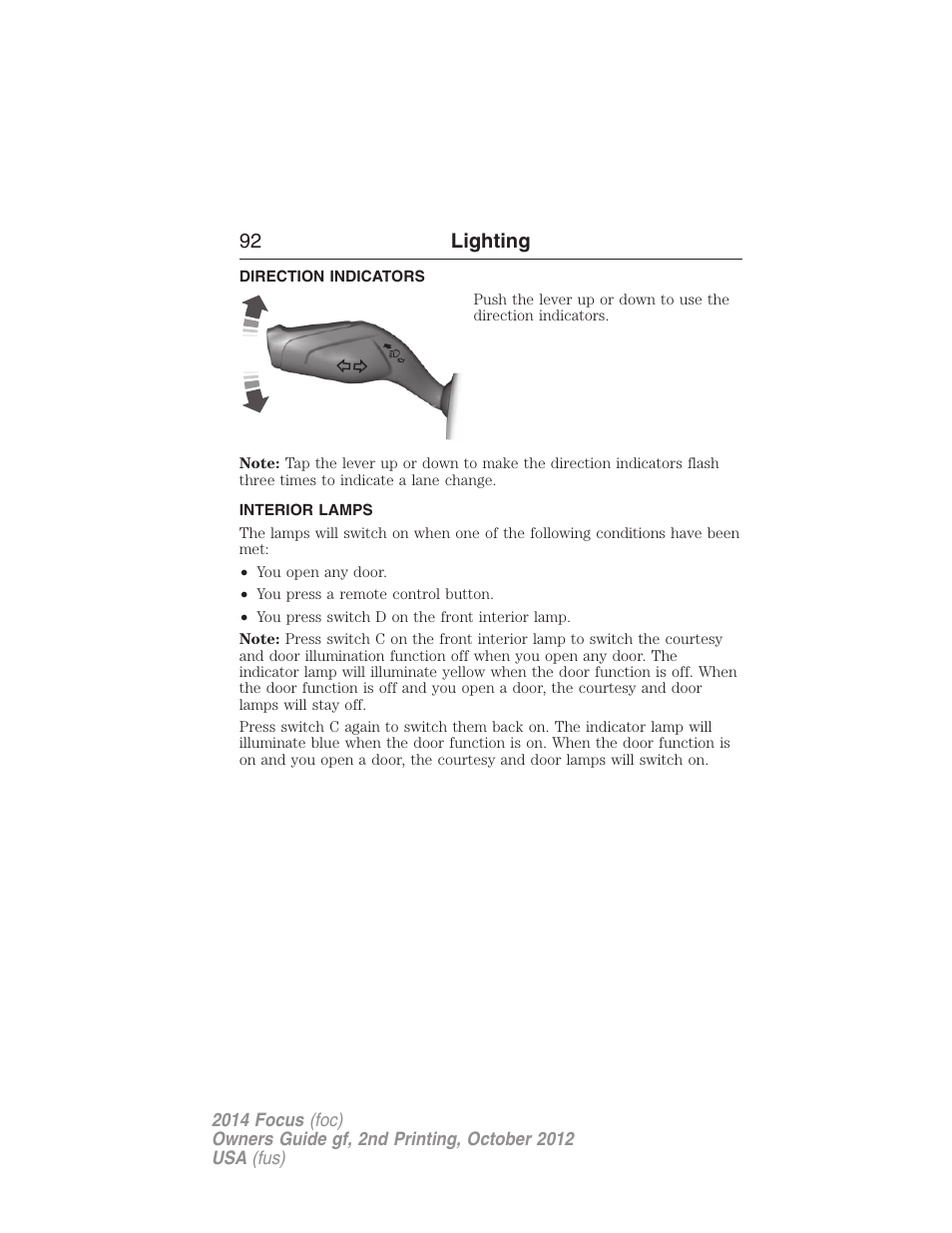 Direction indicators, Interior lamps, 92 lighting | FORD 2014 Focus v.2 User Manual | Page 93 / 488