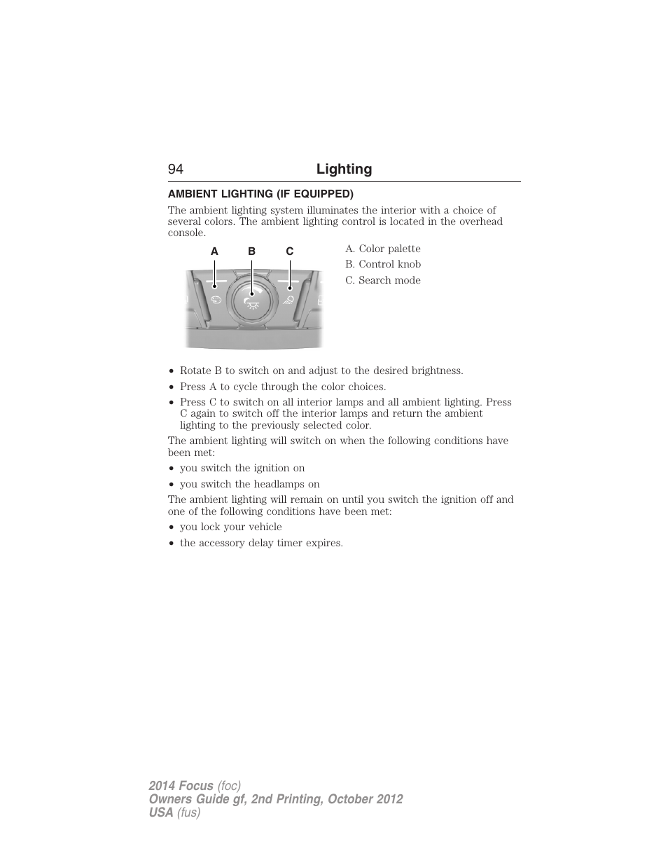 Ambient lighting (if equipped), Ambient lighting, 94 lighting | FORD 2014 Focus v.2 User Manual | Page 95 / 488