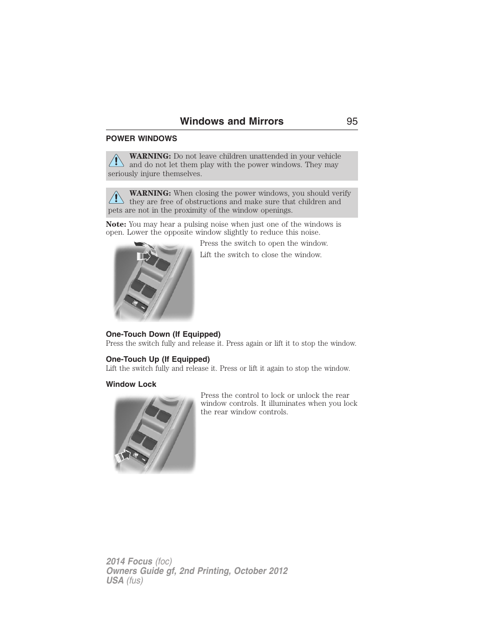 Windows and mirrors, Power windows, One-touch down (if equipped) | One-touch up (if equipped), Window lock, Windows and mirrors 95 | FORD 2014 Focus v.2 User Manual | Page 96 / 488