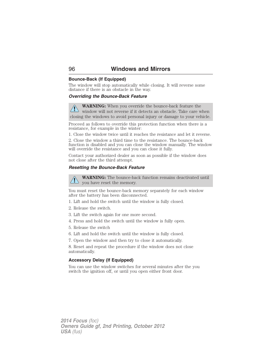 Bounce-back (if equipped), Overriding the bounce-back feature, Resetting the bounce-back feature | Accessory delay (if equipped), 96 windows and mirrors | FORD 2014 Focus v.2 User Manual | Page 97 / 488