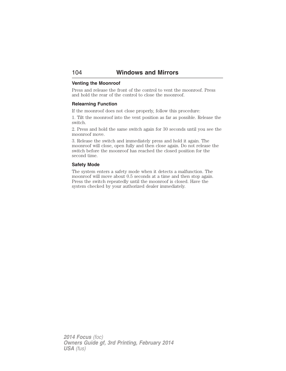 Venting the moonroof, Relearning function, Safety mode | 104 windows and mirrors | FORD 2014 Focus v.3 User Manual | Page 105 / 494