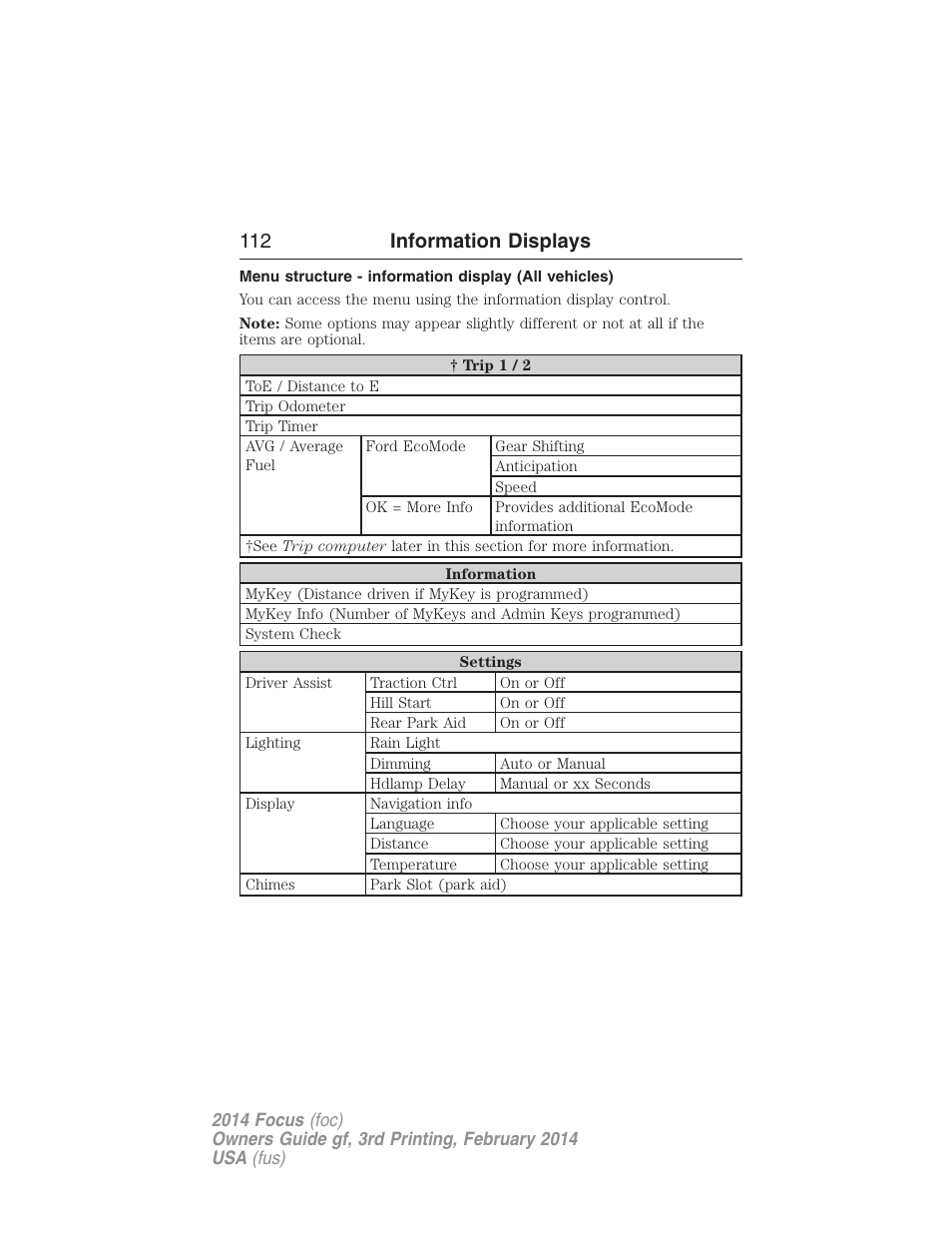 112 information displays | FORD 2014 Focus v.3 User Manual | Page 113 / 494