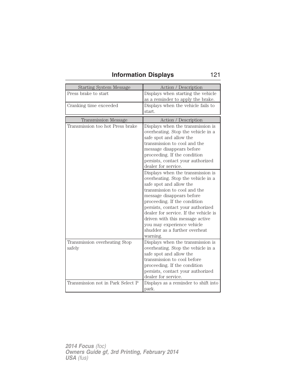 Information displays 121 | FORD 2014 Focus v.3 User Manual | Page 122 / 494