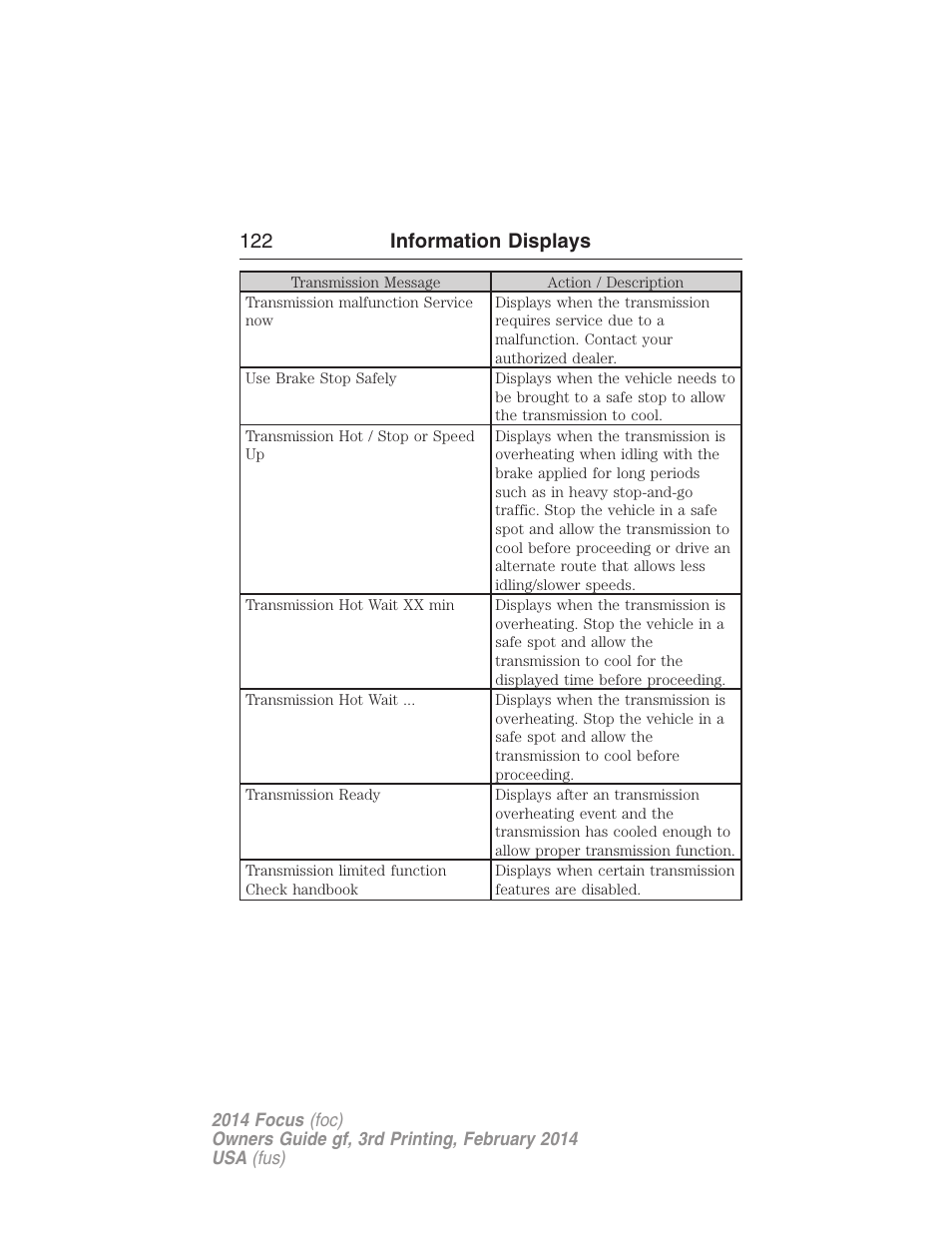 122 information displays | FORD 2014 Focus v.3 User Manual | Page 123 / 494