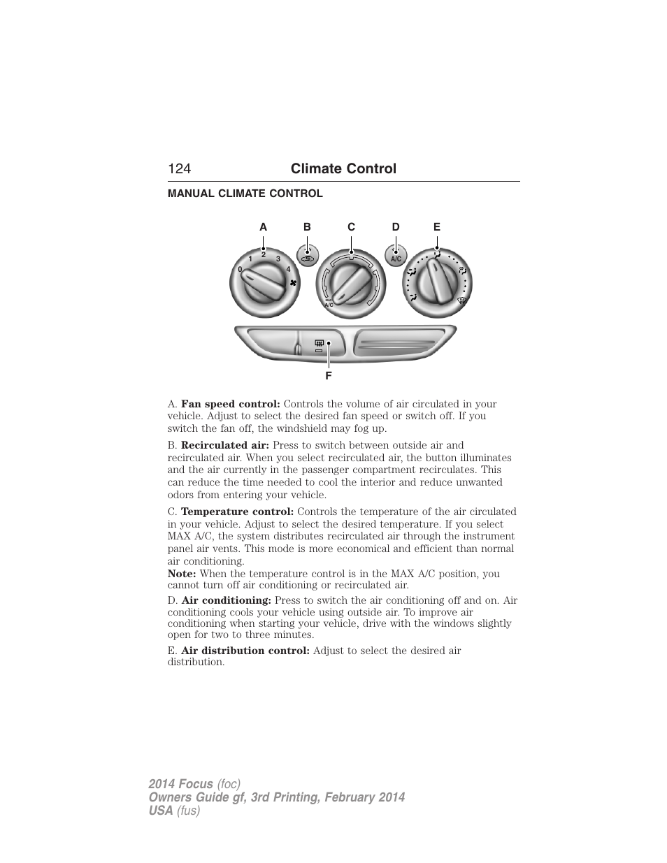Climate control, Manual climate control, Manual heating and air conditioning | 124 climate control | FORD 2014 Focus v.3 User Manual | Page 125 / 494
