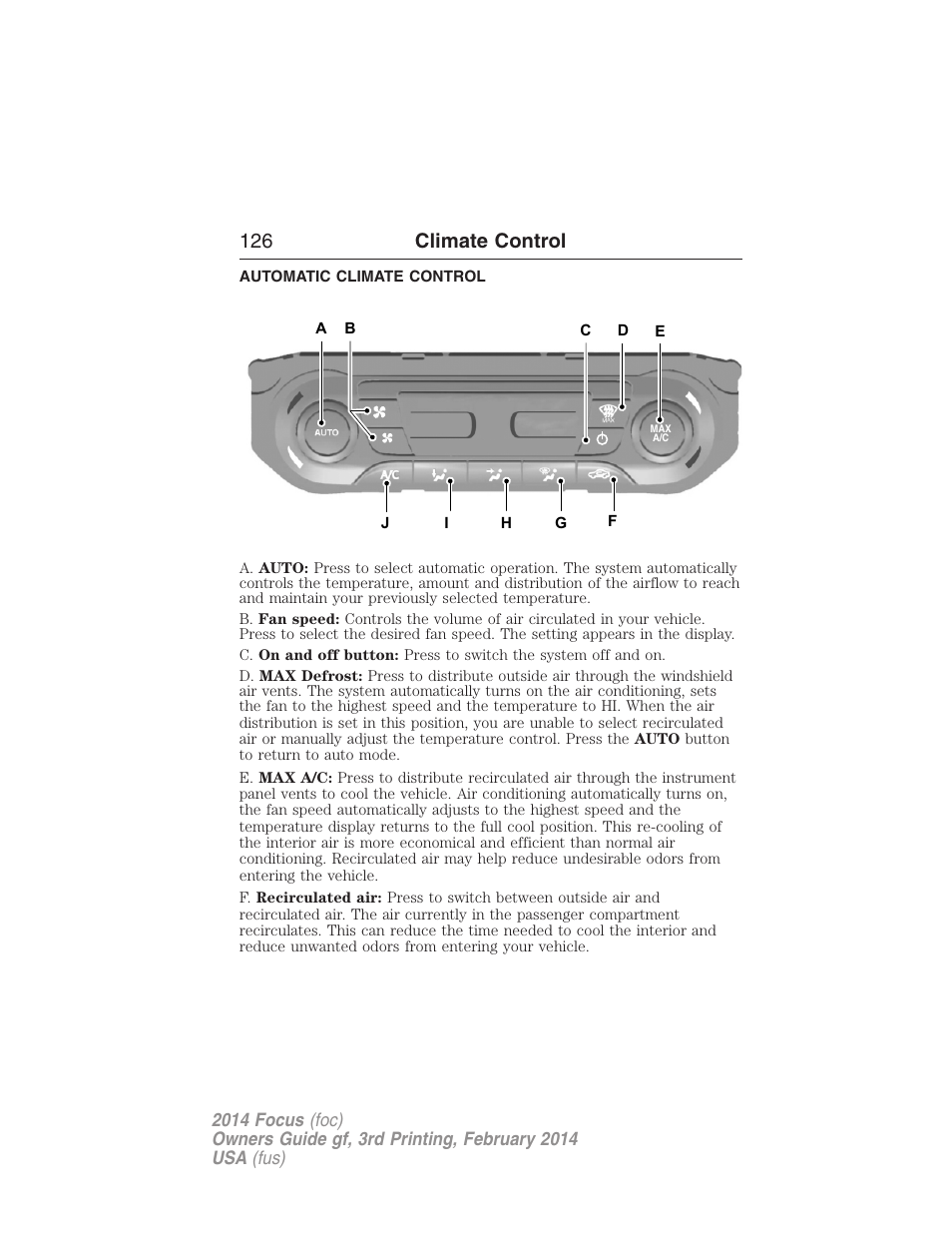 Automatic climate control, Dual automatic temperature control, 126 climate control | FORD 2014 Focus v.3 User Manual | Page 127 / 494