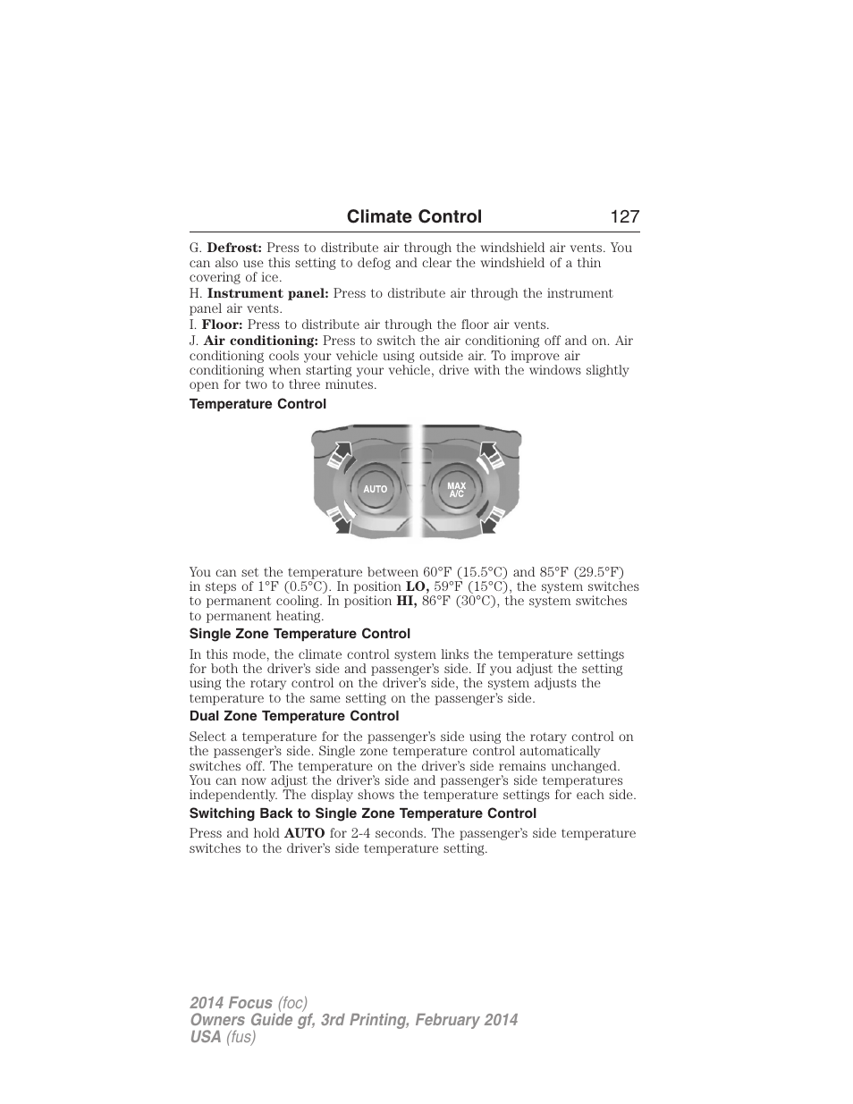 Temperature control, Single zone temperature control, Dual zone temperature control | Switching back to single zone temperature control, Climate control 127 | FORD 2014 Focus v.3 User Manual | Page 128 / 494