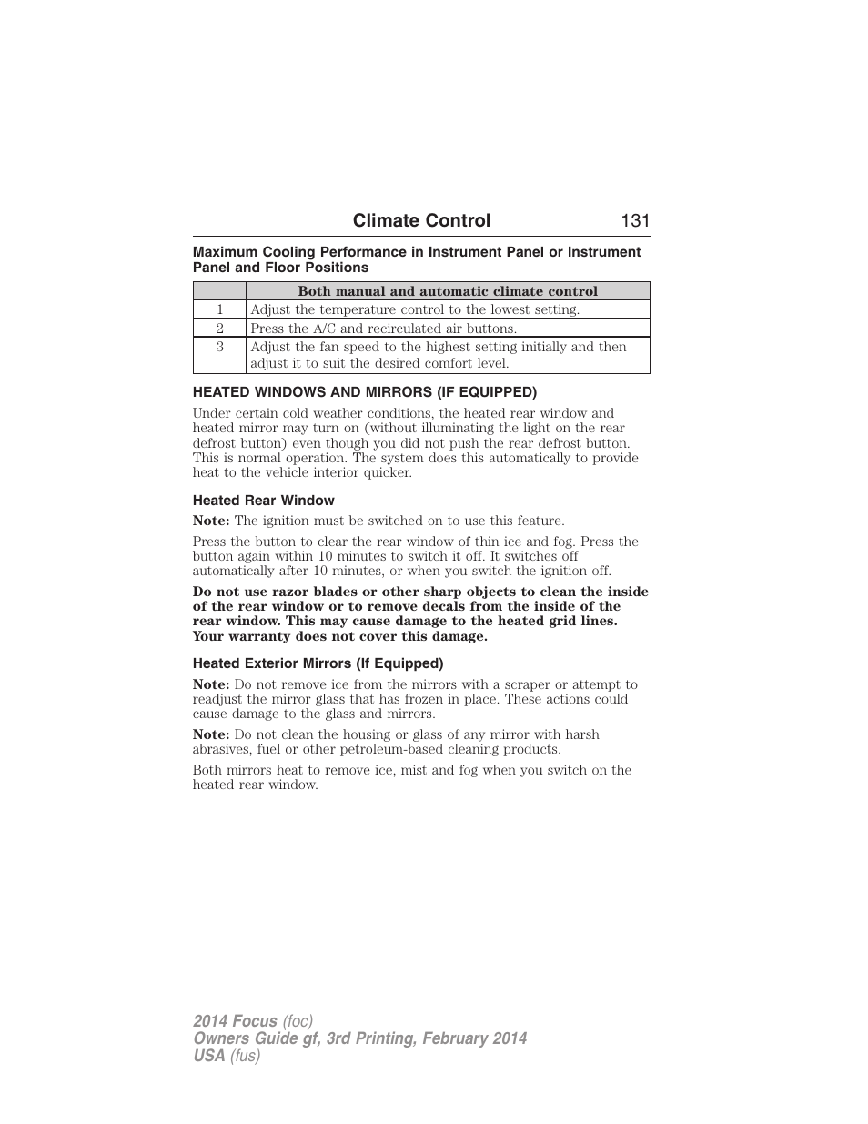 Heated windows and mirrors (if equipped), Heated rear window, Heated exterior mirrors (if equipped) | Rear window defroster, Climate control 131 | FORD 2014 Focus v.3 User Manual | Page 132 / 494