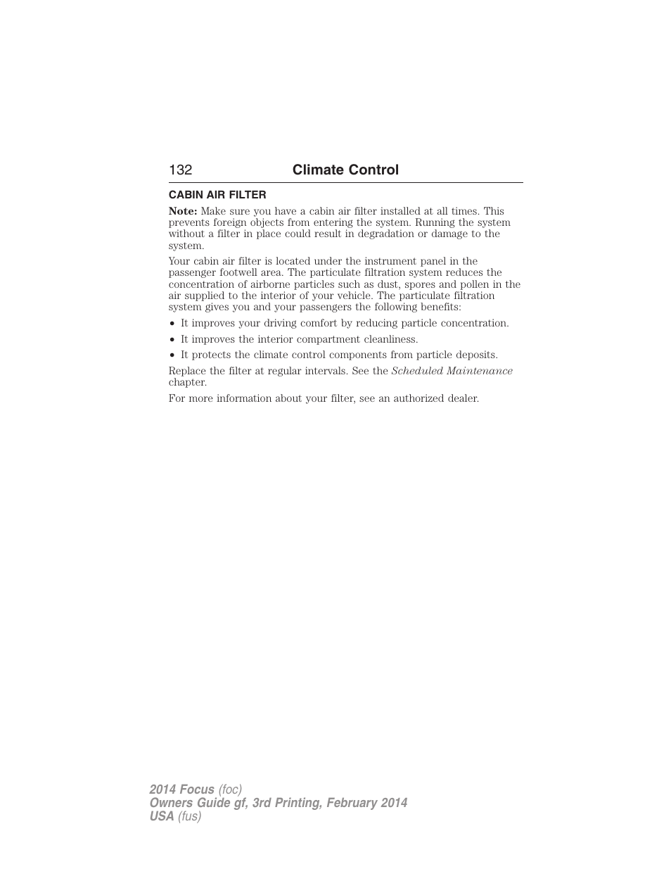 Cabin air filter | FORD 2014 Focus v.3 User Manual | Page 133 / 494