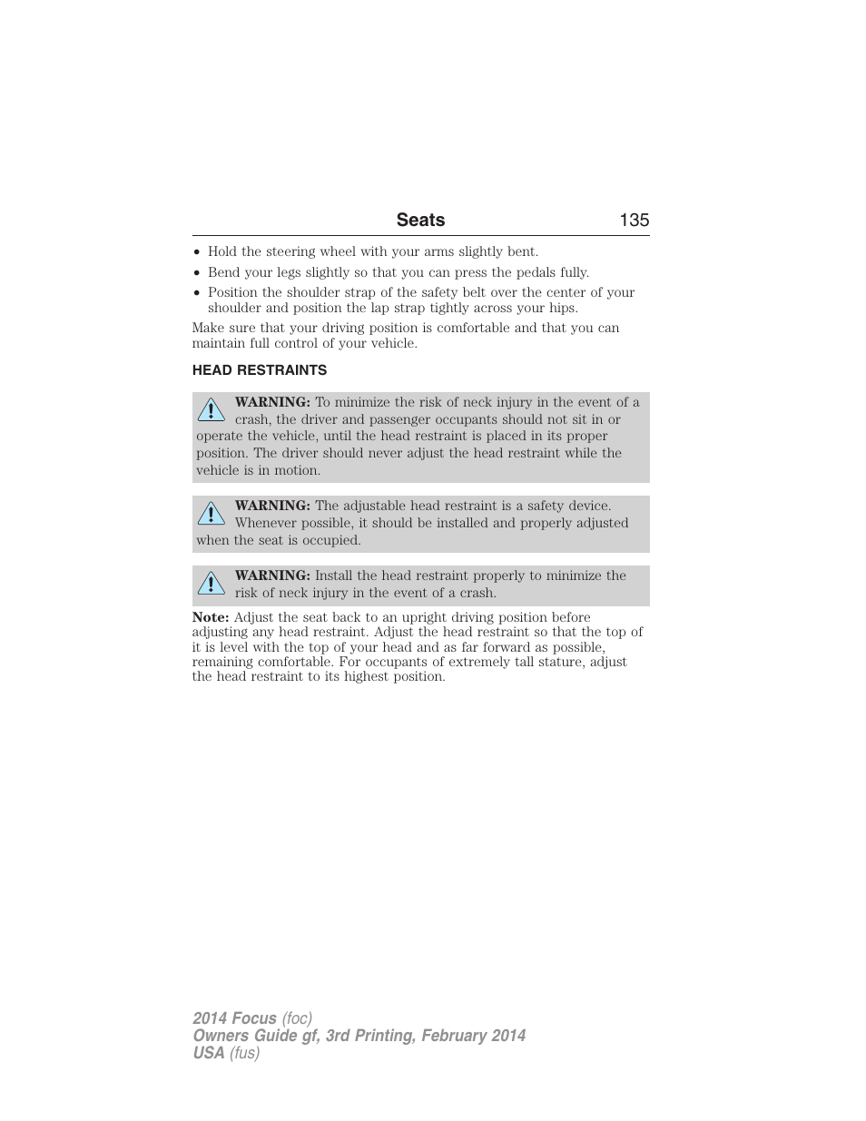 Head restraints, Seats 135 | FORD 2014 Focus v.3 User Manual | Page 136 / 494