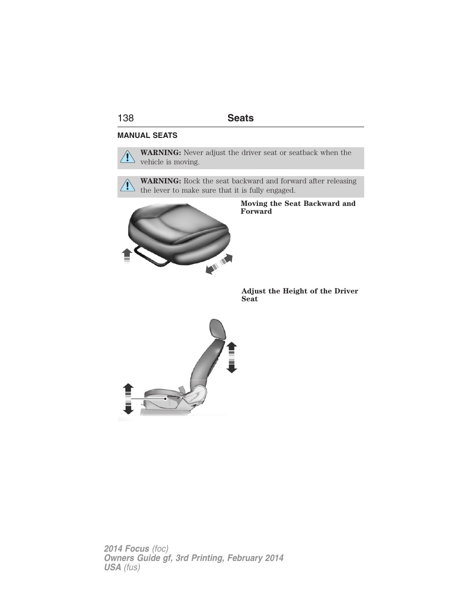 Manual seats | FORD 2014 Focus v.3 User Manual | Page 139 / 494