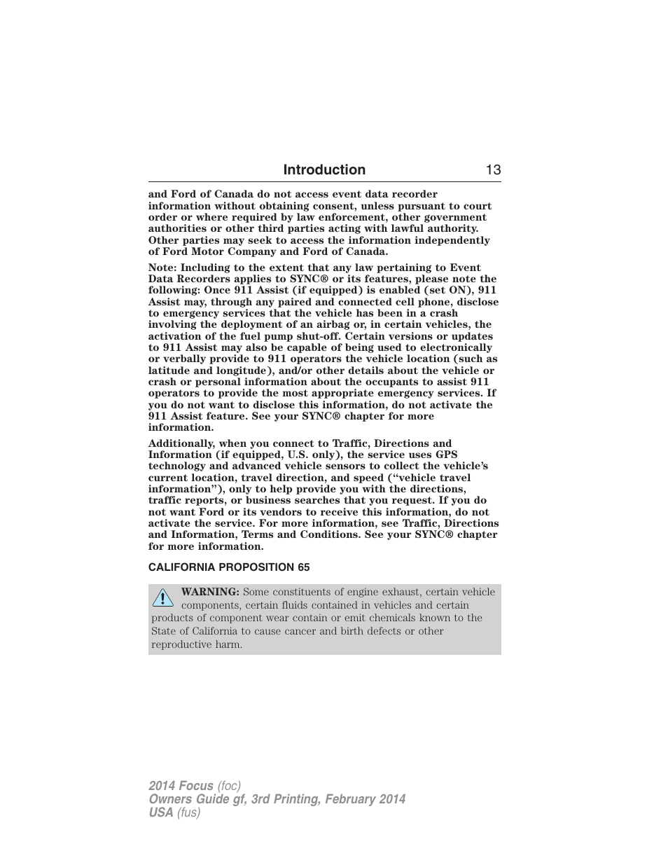 California proposition 65, Introduction 13 | FORD 2014 Focus v.3 User Manual | Page 14 / 494