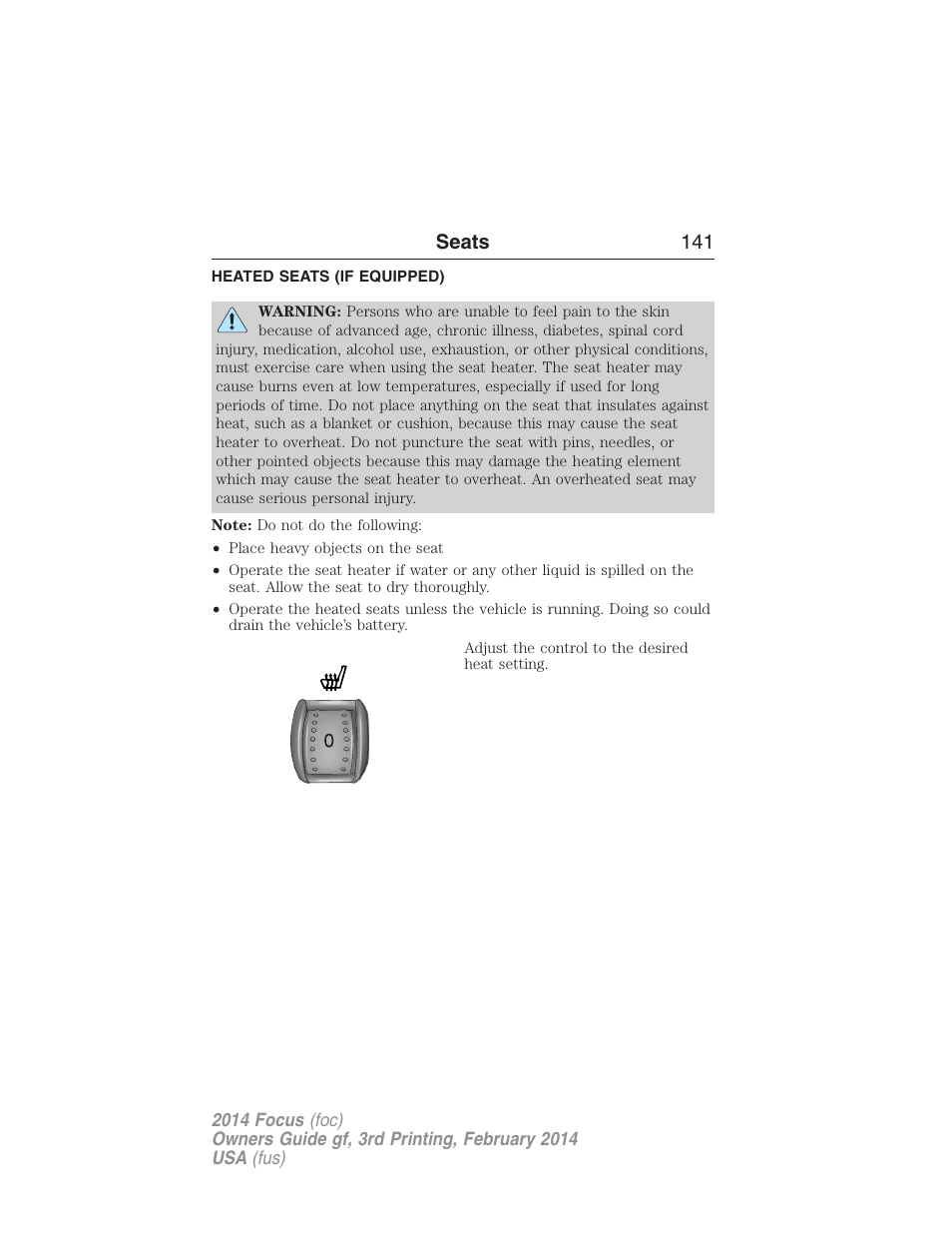 Heated seats (if equipped), Heated seats, Seats 141 | FORD 2014 Focus v.3 User Manual | Page 142 / 494