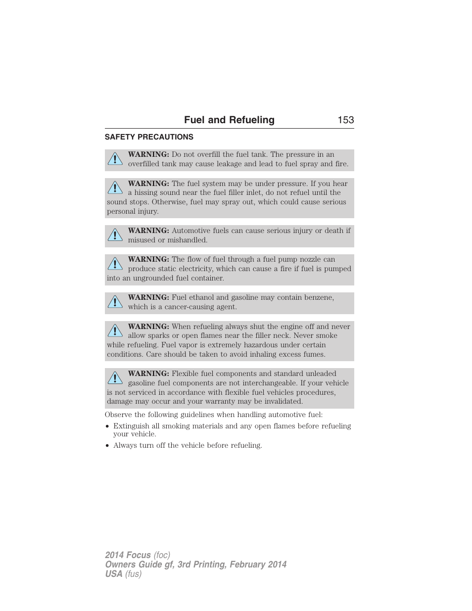 Fuel and refueling, Safety precautions, Fuel and refueling 153 | FORD 2014 Focus v.3 User Manual | Page 154 / 494