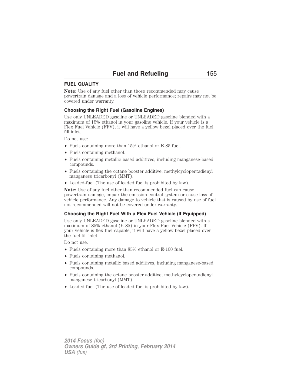 Fuel quality, Choosing the right fuel (gasoline engines), Fuel and refueling 155 | FORD 2014 Focus v.3 User Manual | Page 156 / 494