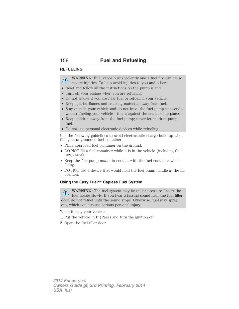 Refueling, Using the easy fuel™ capless fuel system, 158 fuel and refueling | FORD 2014 Focus v.3 User Manual | Page 159 / 494