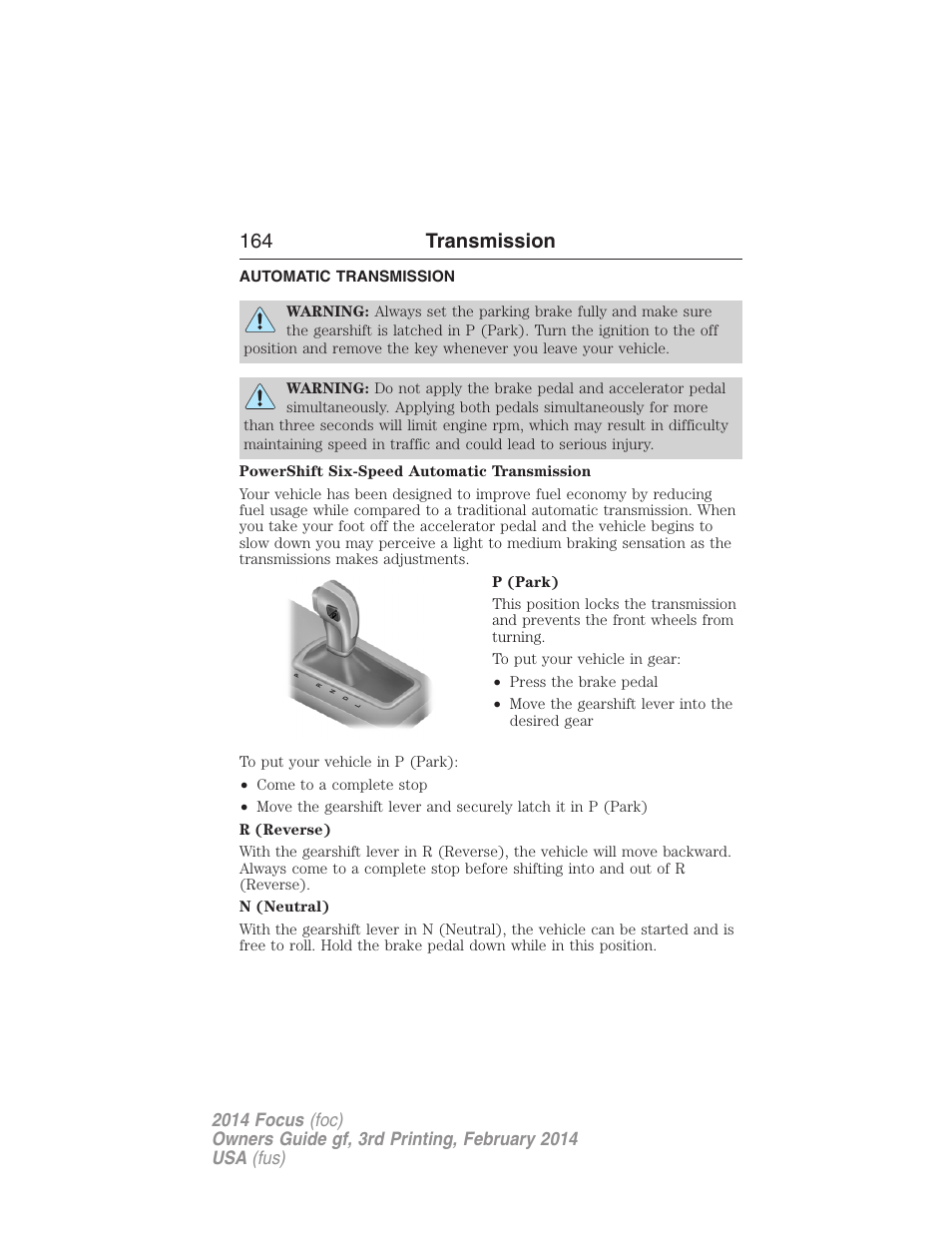 Transmission, Automatic transmission, 164 transmission | FORD 2014 Focus v.3 User Manual | Page 165 / 494