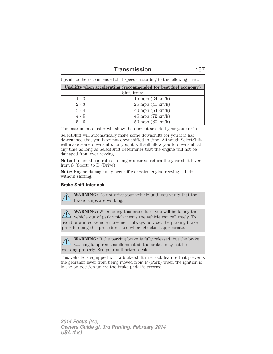 Brake-shift interlock, Transmission 167 | FORD 2014 Focus v.3 User Manual | Page 168 / 494