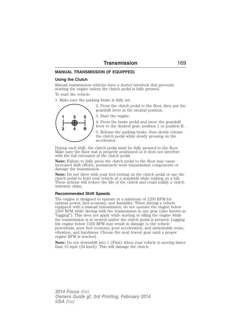 Manual transmission (if equipped), Using the clutch, Recommended shift speeds | Manual transmission, Transmission 169 | FORD 2014 Focus v.3 User Manual | Page 170 / 494