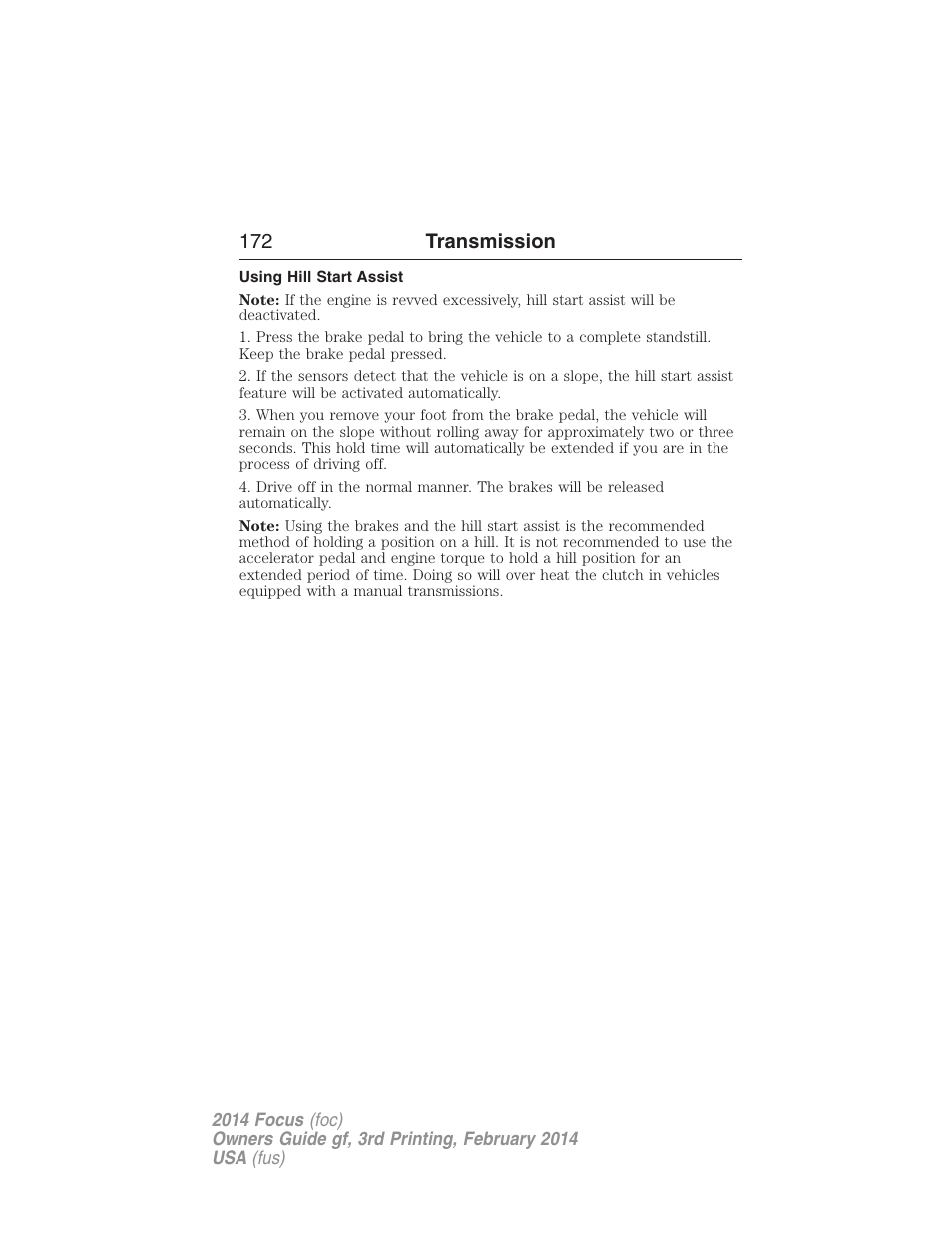 Using hill start assist, 172 transmission | FORD 2014 Focus v.3 User Manual | Page 173 / 494