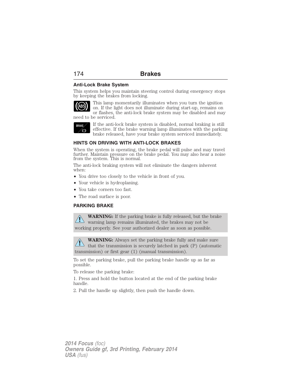 Anti-lock brake system, Hints on driving with anti-lock brakes, Parking brake | 174 brakes | FORD 2014 Focus v.3 User Manual | Page 175 / 494