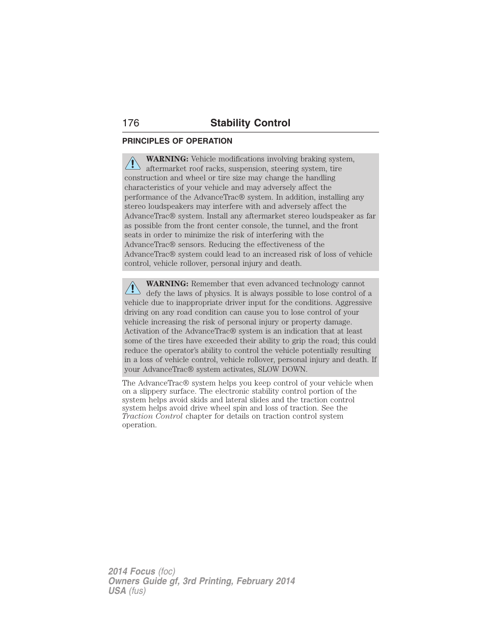 Stability control, Principles of operation, Advancetrac | 176 stability control | FORD 2014 Focus v.3 User Manual | Page 177 / 494