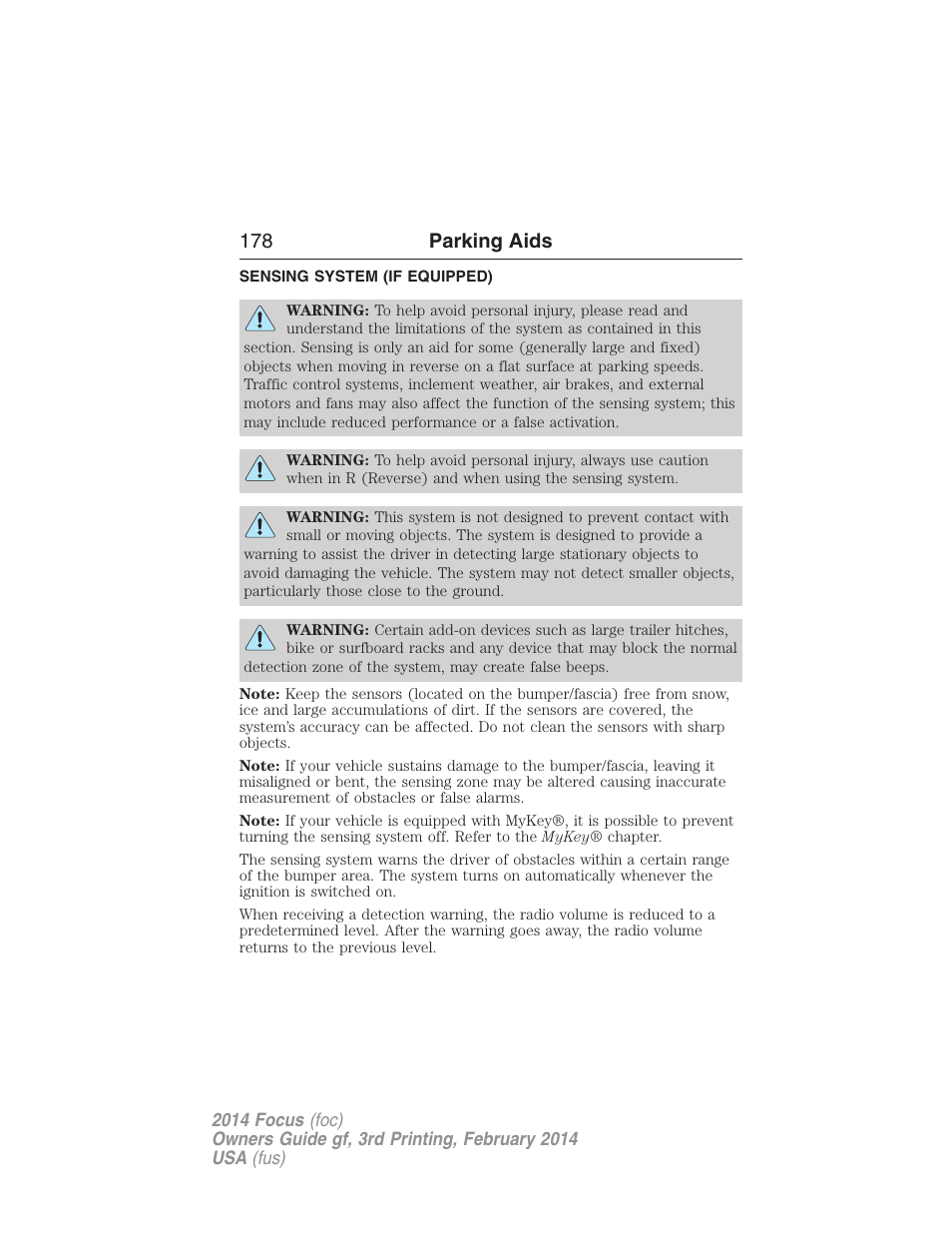 Parking aids, Sensing system (if equipped), Sensing system | 178 parking aids | FORD 2014 Focus v.3 User Manual | Page 179 / 494