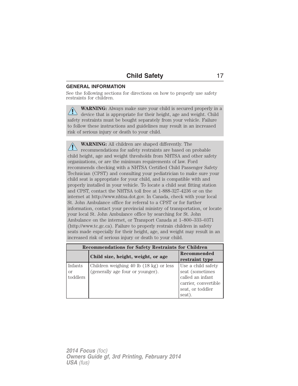 Child safety, General information, Child safety 17 | FORD 2014 Focus v.3 User Manual | Page 18 / 494