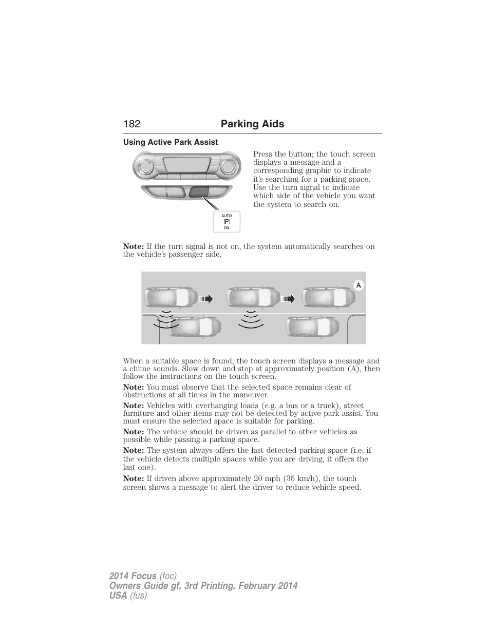 Using active park assist, 182 parking aids | FORD 2014 Focus v.3 User Manual | Page 183 / 494