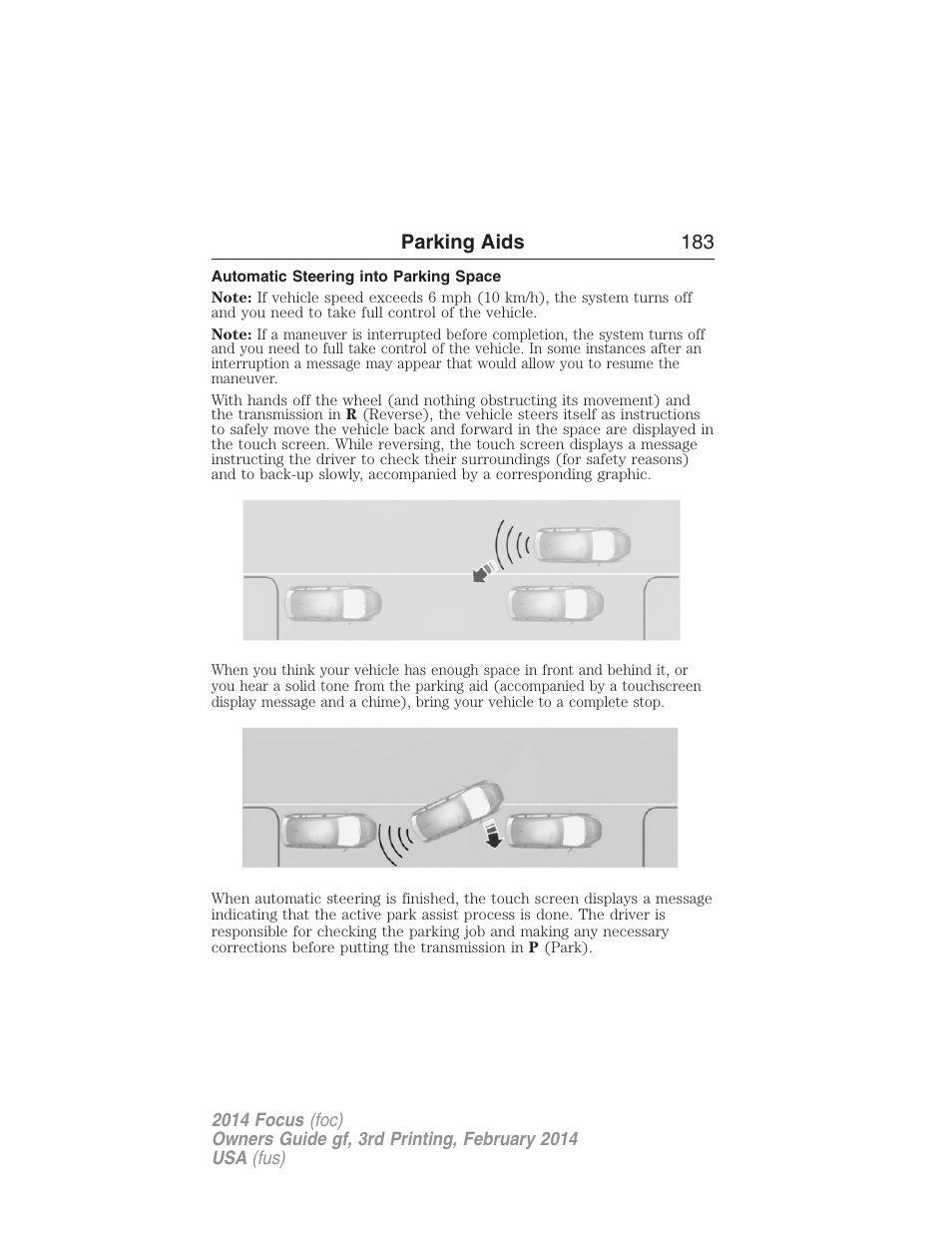 Automatic steering into parking space, Parking aids 183 | FORD 2014 Focus v.3 User Manual | Page 184 / 494