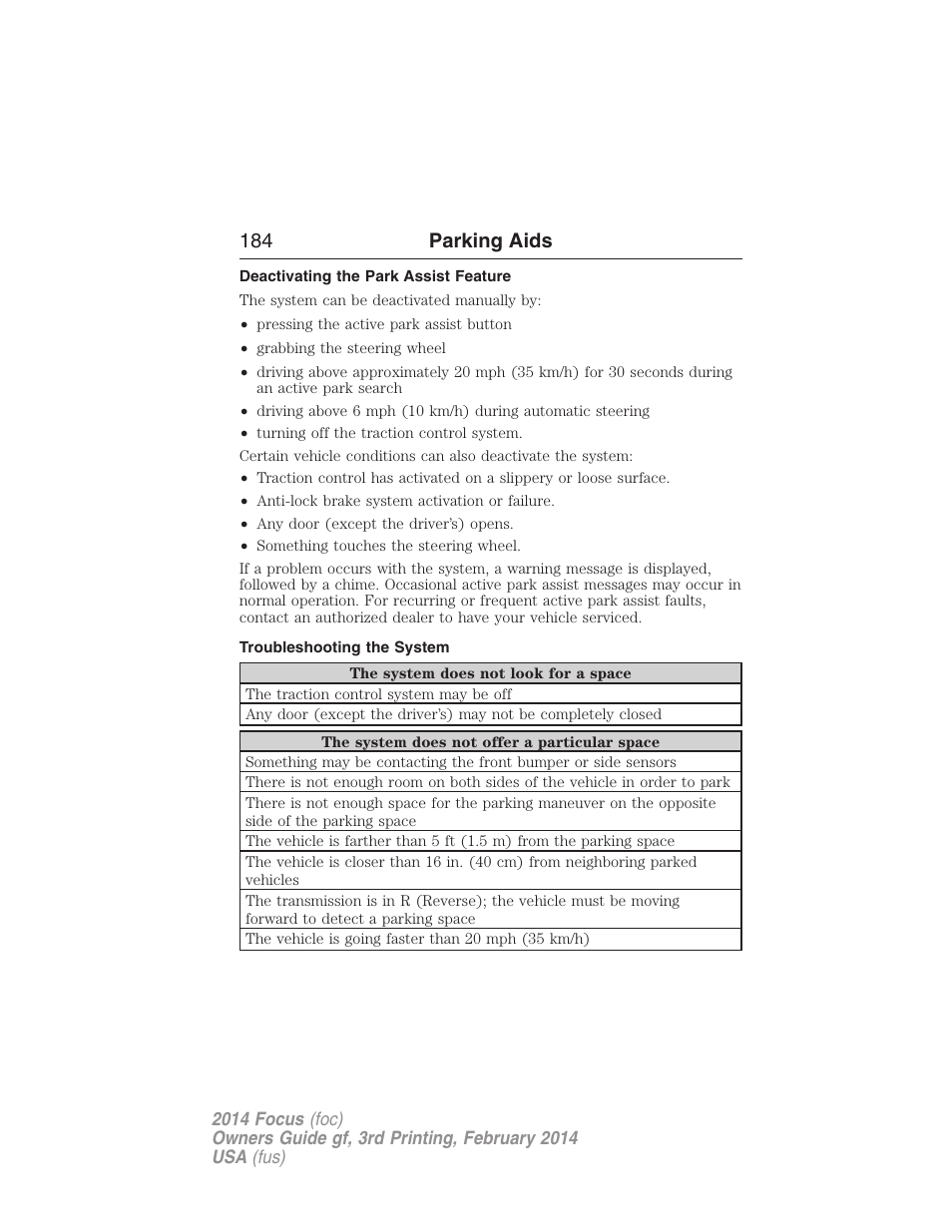 Deactivating the park assist feature, Troubleshooting the system, 184 parking aids | FORD 2014 Focus v.3 User Manual | Page 185 / 494