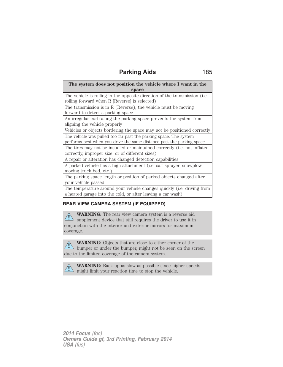 Rear view camera system (if equipped), Rear-view camera system, Parking aids 185 | FORD 2014 Focus v.3 User Manual | Page 186 / 494