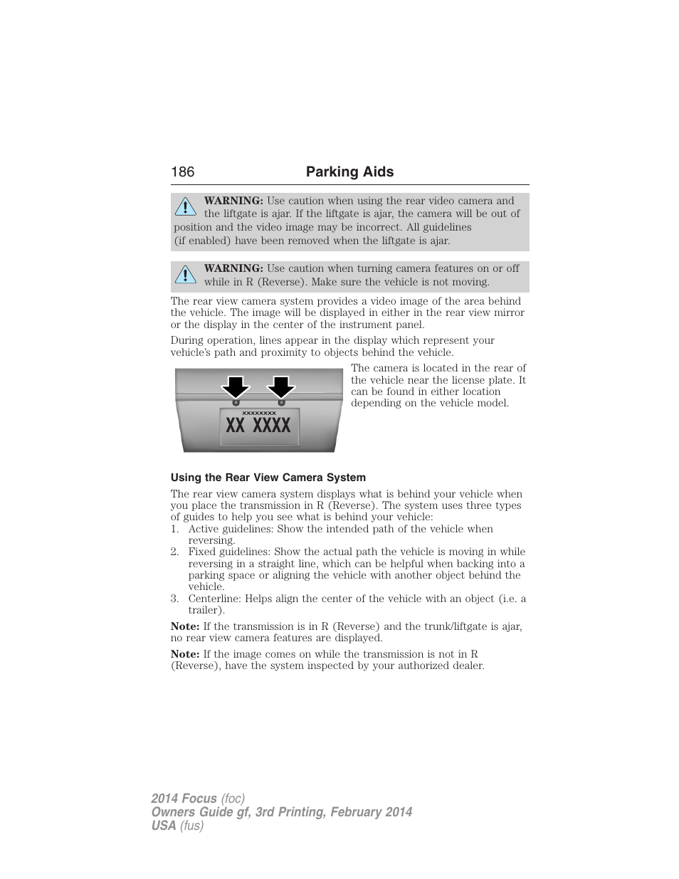 Using the rear view camera system, 186 parking aids | FORD 2014 Focus v.3 User Manual | Page 187 / 494