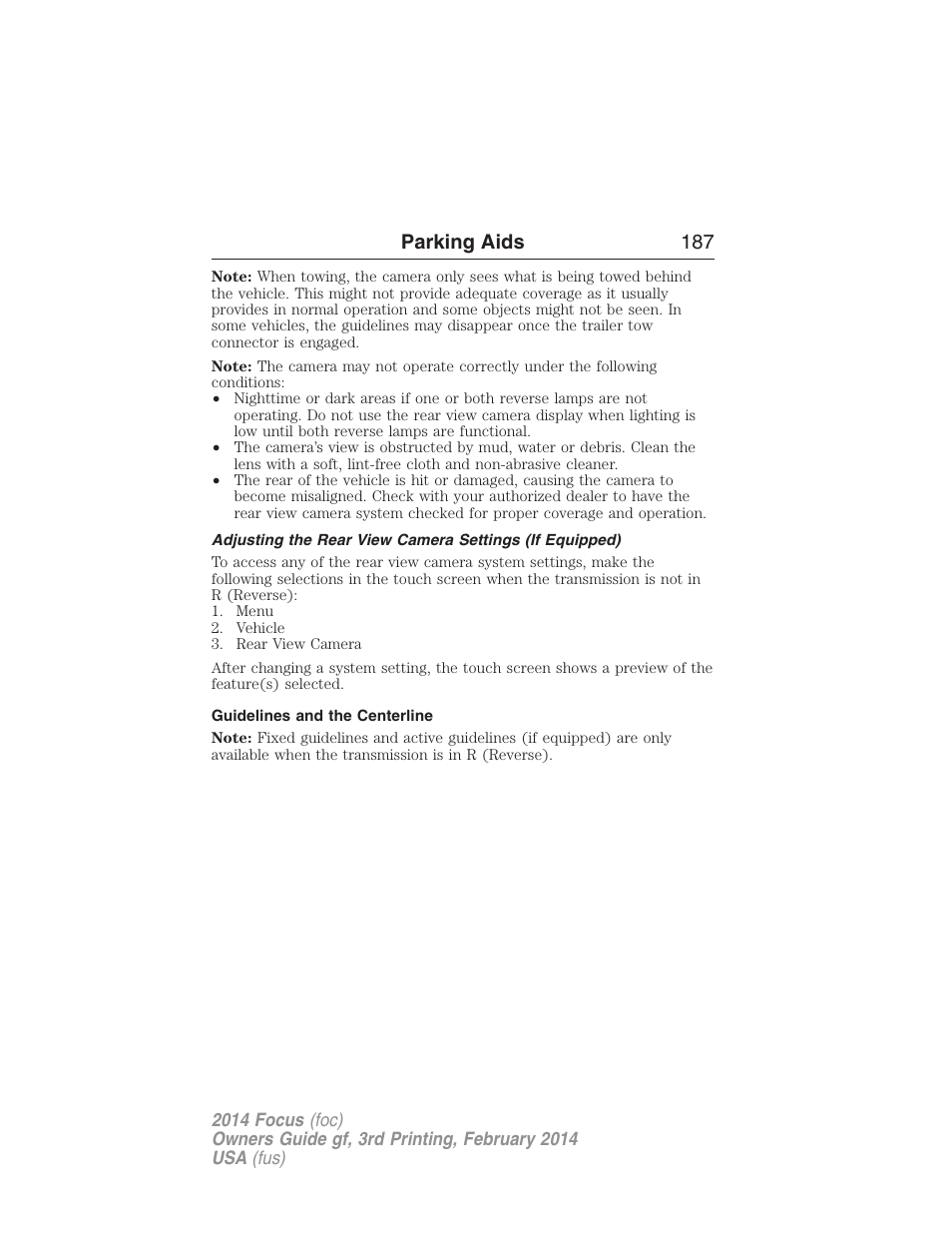 Guidelines and the centerline, Parking aids 187 | FORD 2014 Focus v.3 User Manual | Page 188 / 494