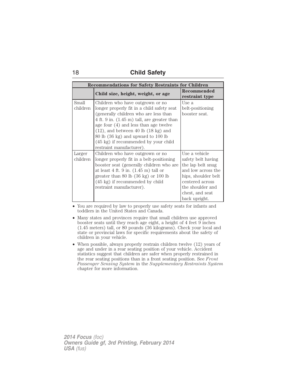 18 child safety | FORD 2014 Focus v.3 User Manual | Page 19 / 494