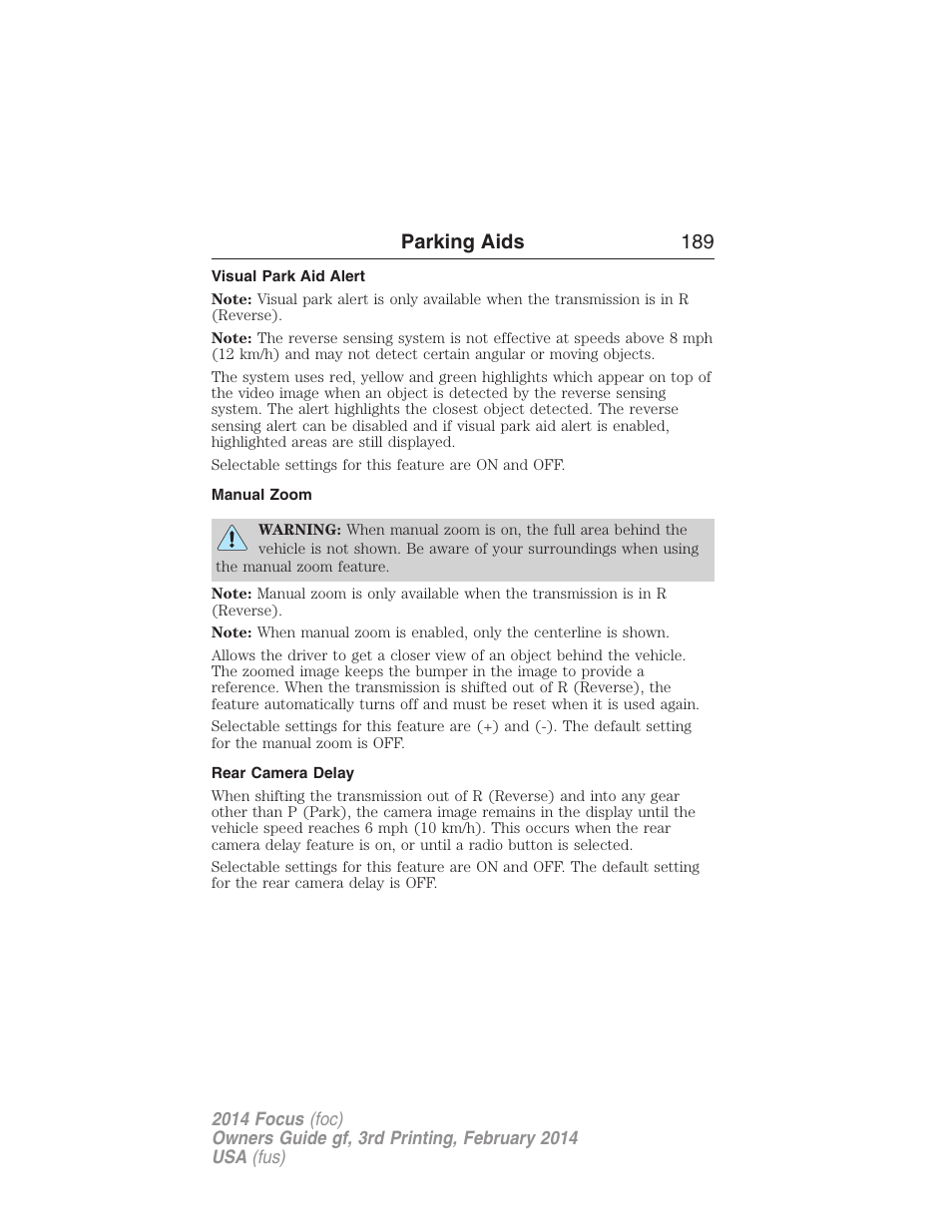 Visual park aid alert, Manual zoom, Rear camera delay | Parking aids 189 | FORD 2014 Focus v.3 User Manual | Page 190 / 494